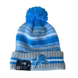 Detroit Lions Knit Winter‎ Hat Beanie New Era Cap Blue Striped Removable Pom NWT